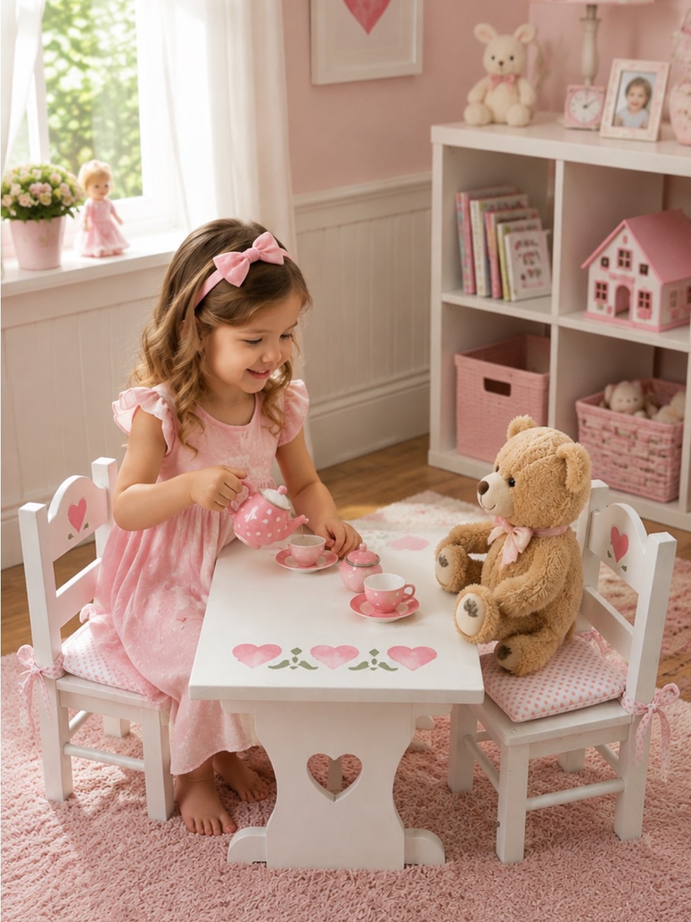 Vintage White and Pink Heart Doll-Size Table and Chairs Set